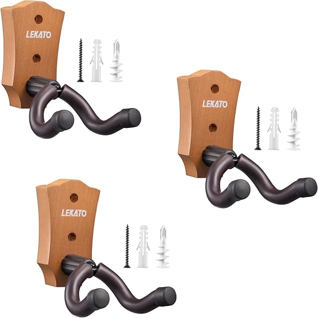 LEKATO Guitar Wall Mount Hanger, 3 Pack Guitar Hangers, Guitar Holder Mount Hook Wall for Acoustic & Electric Guitar,Bass, Mandolin, Ukulele, Banjo - Home and Studio Guitar Hanger with Hardwood Base