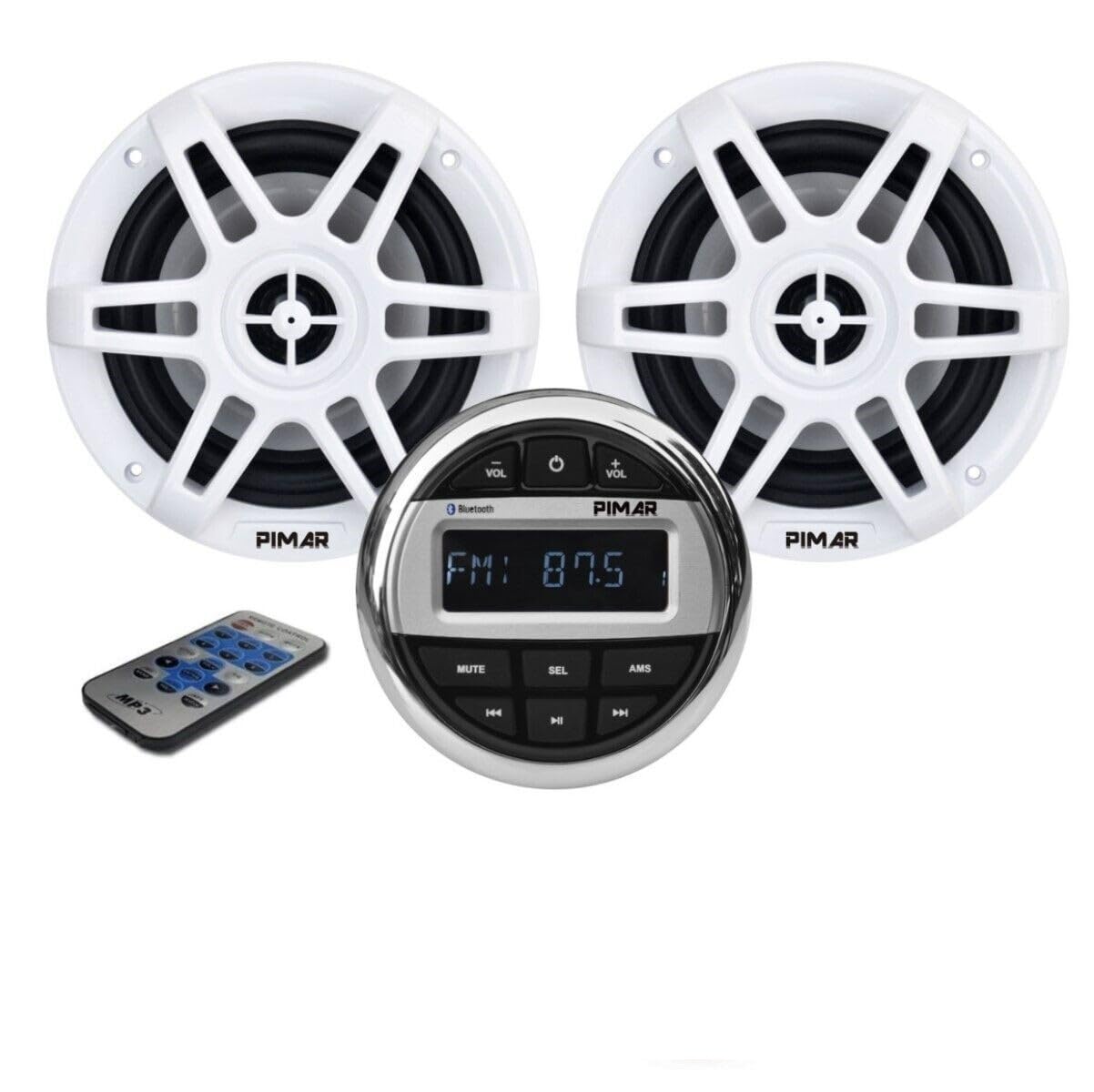 PIMAR Kit stereo con casse bianche150 WATT + telecomando presa usb radio bluetooth accessori barca gommone nautica (KIT STEREO CON 2 CASSE)