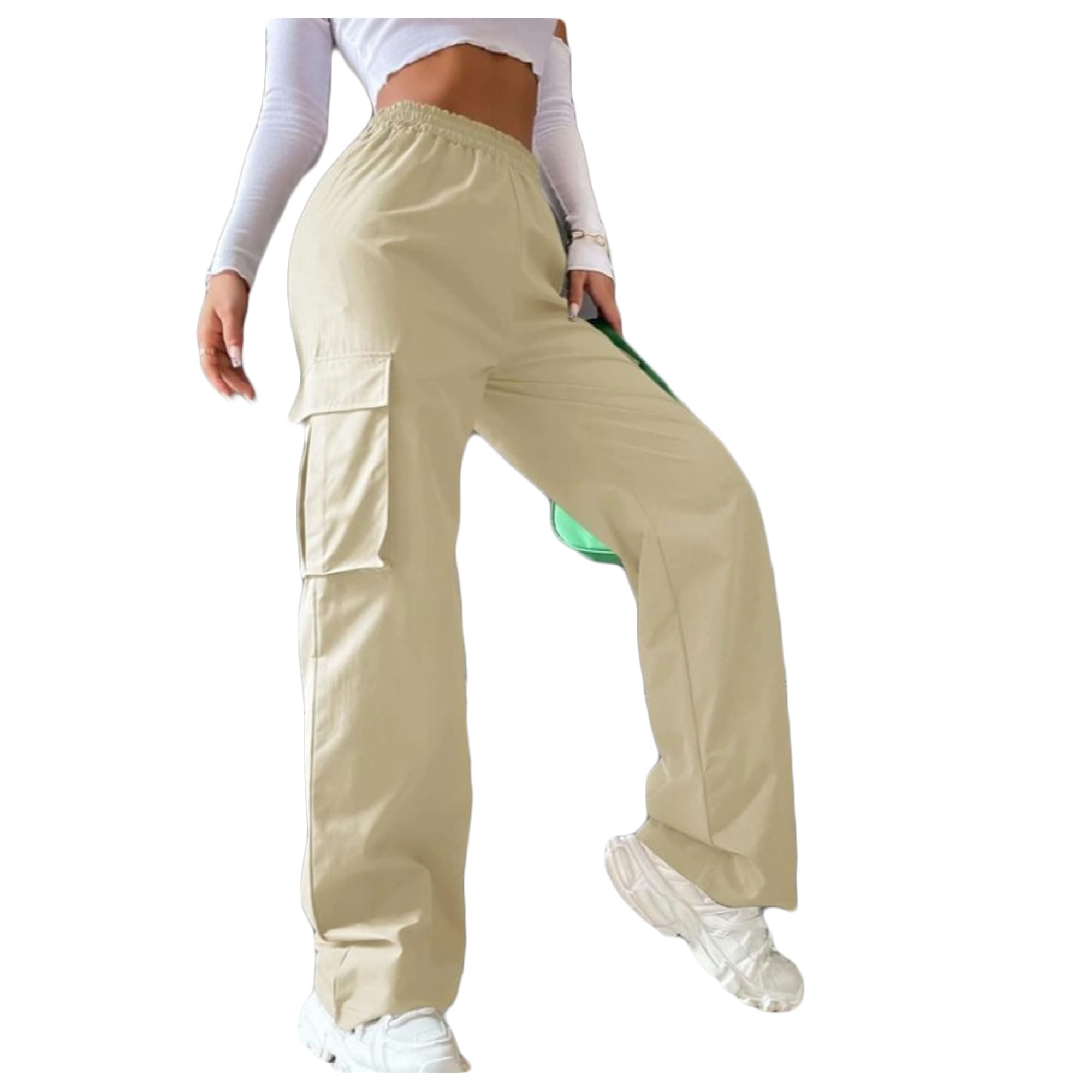 Womens Solid Color Elastic Waist Pocket Cargo Pants
