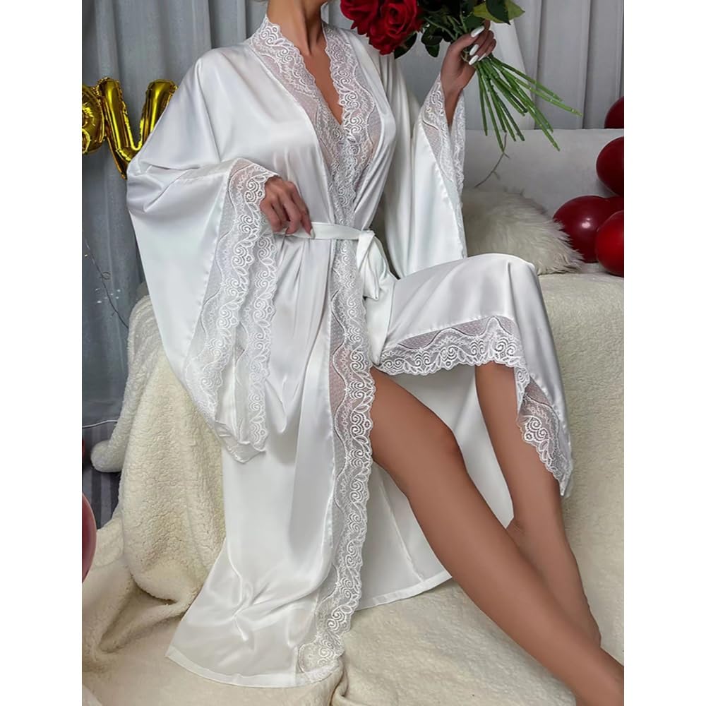 Peignoir Kimono pour Femme Robe de Chambre en Satin à Manches Longues Peignoir de Bain pour Demoiselle D'Honneur Avec Bordure en Ddentelle Vêtement de Nuit Élégant et Léger Idéal pour Un Mariage