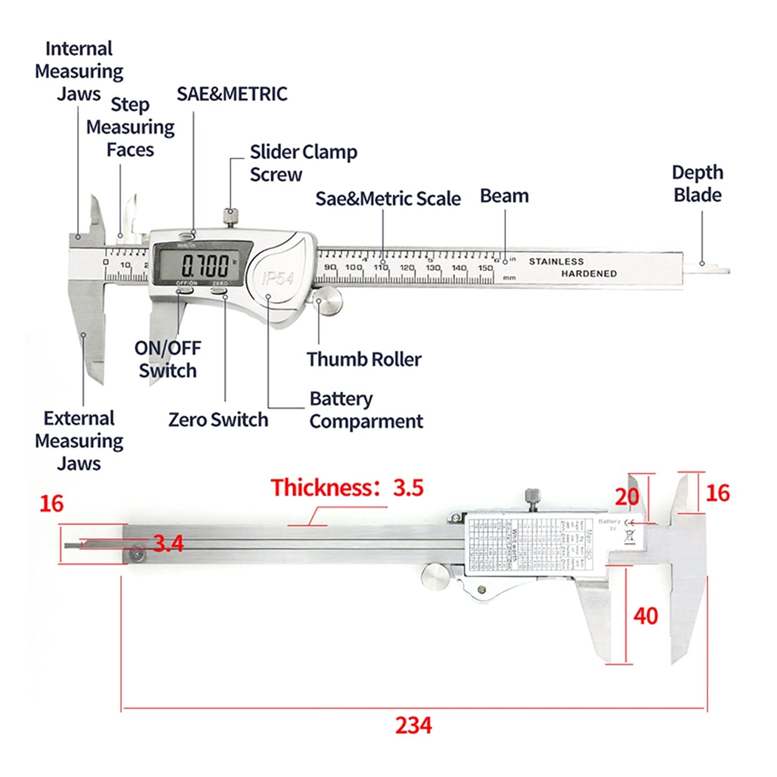 IP54 Digital Caliper Metal Righello Calibro in acciaio inox Acciaio inossidabile Vernier Calibri Micrometro Profondità Misurazione Strumenti di misura 6 / 150mm,Precisione e chiarezza