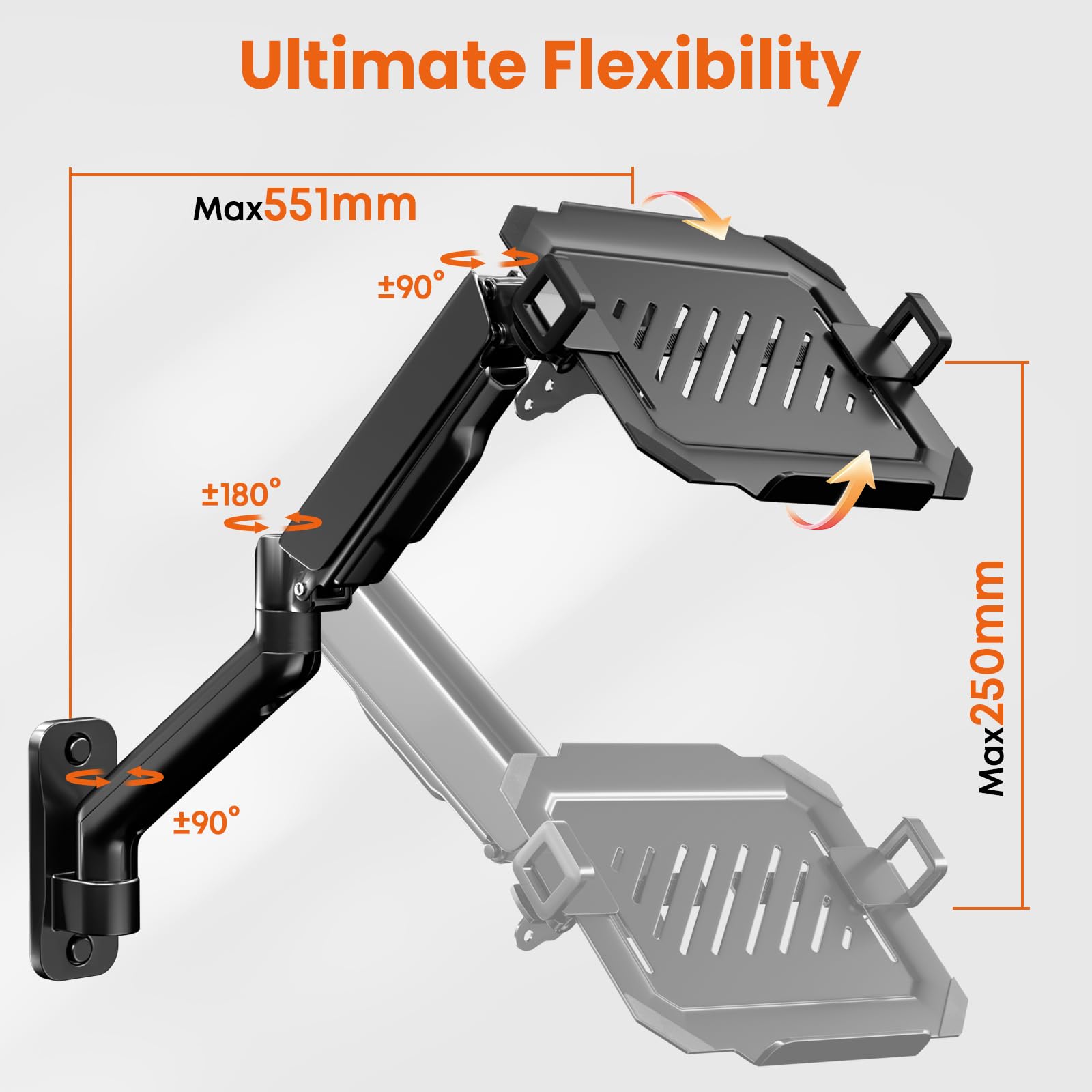 Support Mural avec Plateau Ventilé pour Ordinateur Portable 12"-17",Réglable en Hauteur Bras de Ecran PC,Plateforme de Refroidissement Ventilée,Gestion des Câbles,Capacité de Charge:9KG,VESA 75/100mm