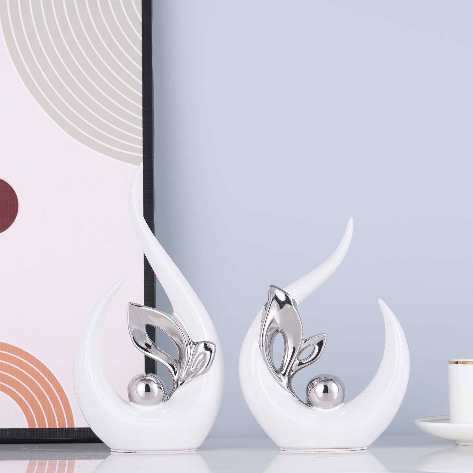 Estatuas de cerámica blanca y plateada para detalles de decoración del hogar, arte abstracto de mediados de siglo, decoración moderna de centro de mesa, escultura para entrada, soporte de TV 4
