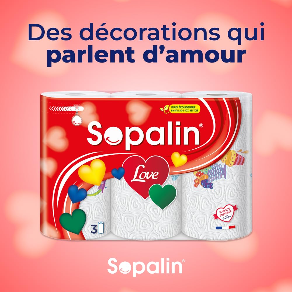 SOPALIN Love – 3 Rouleaux de Essuie-tout cuisine, Décoré, Texture en forme de cœur, Double épaisseur, Blanc - 5