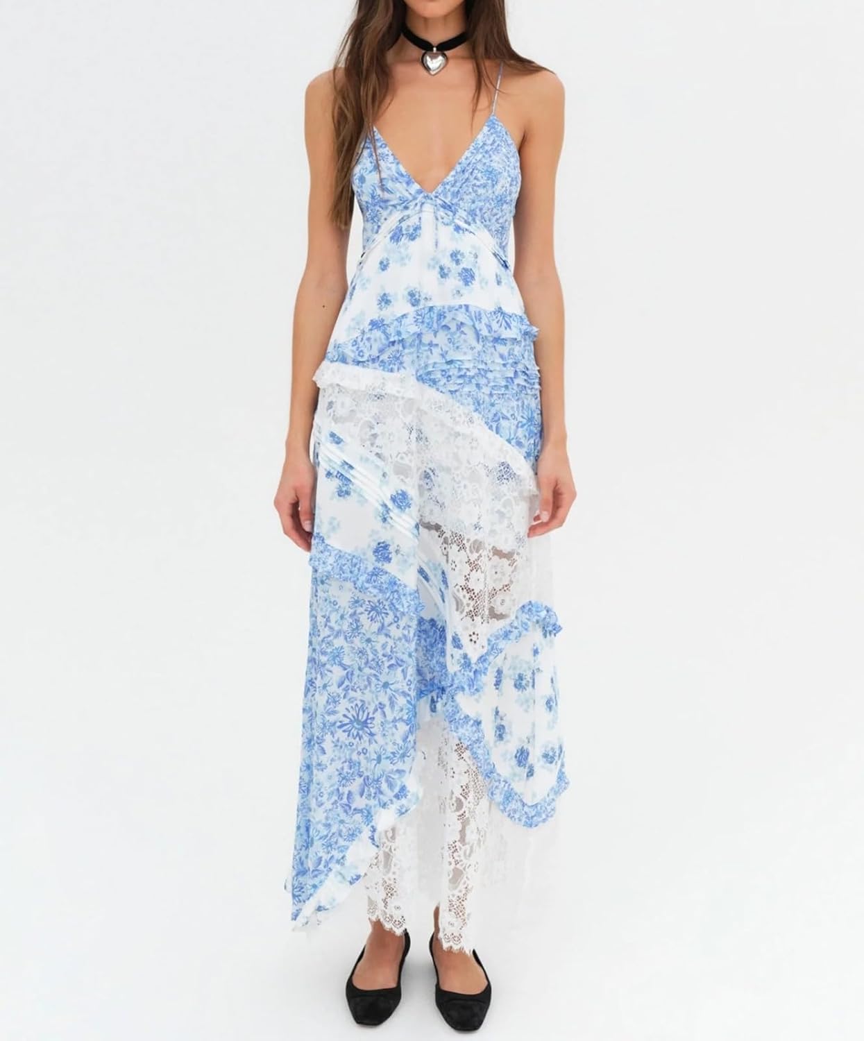 Women Y2k Floral Smocked Maxi Dress Bow Tie Shoulder Tiered Ruffle Midi Sun Dress Boho Casual Beach Long Dresses - Image 4