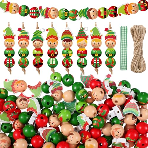 Cinnvoice 240 Pcs Summer Christmas in July Wood Beads with Twine Snowman Gingerbread Man Nutcracker Wooden Bead Garland DIY Crafts Round Beads for Xmas Party Decor(Elf)