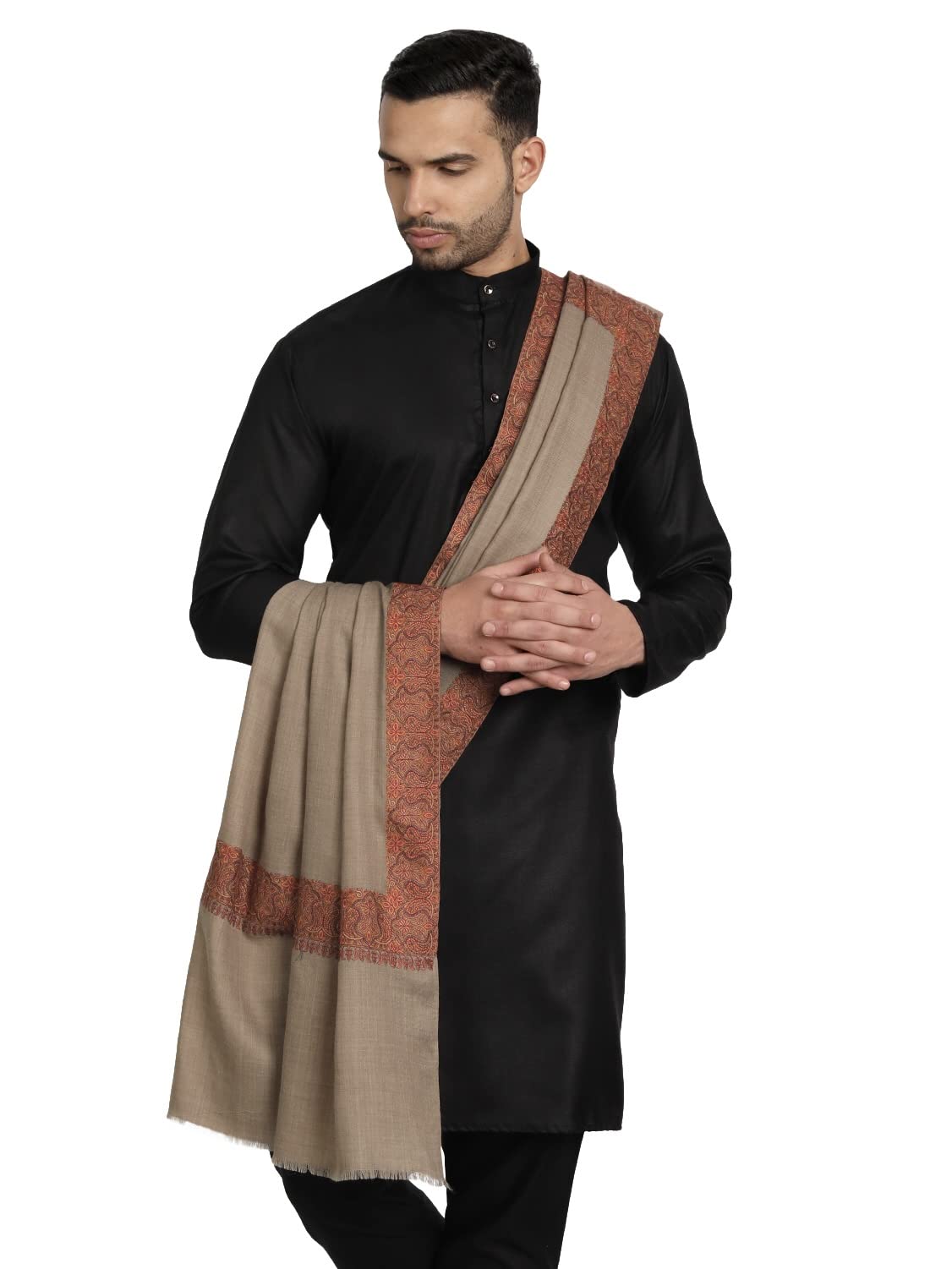 Kashmiri Pure Wool Shawl for Men with Sozni Embroidery Border, Pashmina Feel Wool Lohi for Winter (Black)-image-6