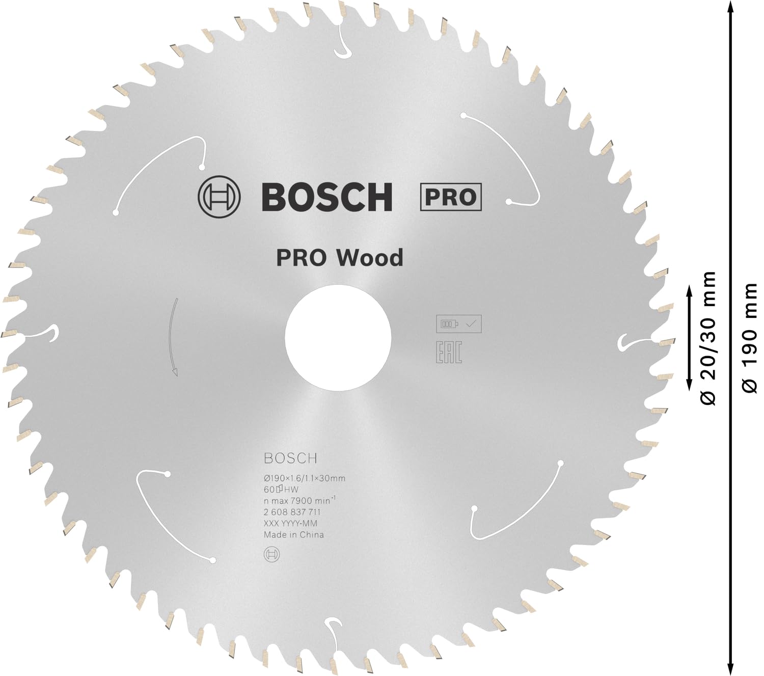 Bosch Accessories Lama Per Sega Circolare Standard For Wood (Legno, 190 x 30 x 1.6 mm, 60 Denti, Accessorio Per Sega Circolare A Batteria)