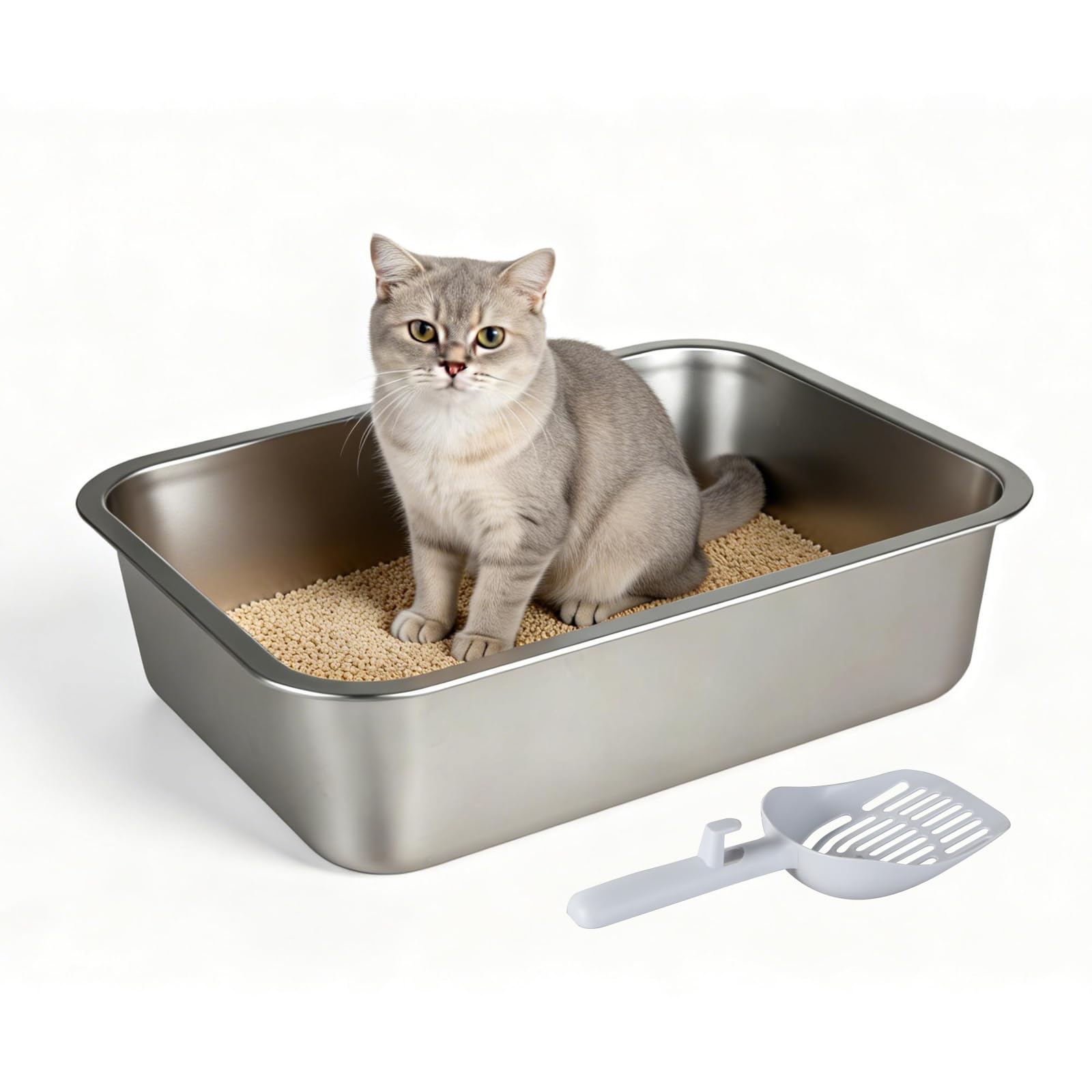Skylos Stainless Steel Cat Litter Tray for Kittens & Small Cats, Compact High Sided Metal Litter Box, Odor Free Non Stick, Anti Slip Pads & Scoop Included, Easy to Clean, 40x30x10cm