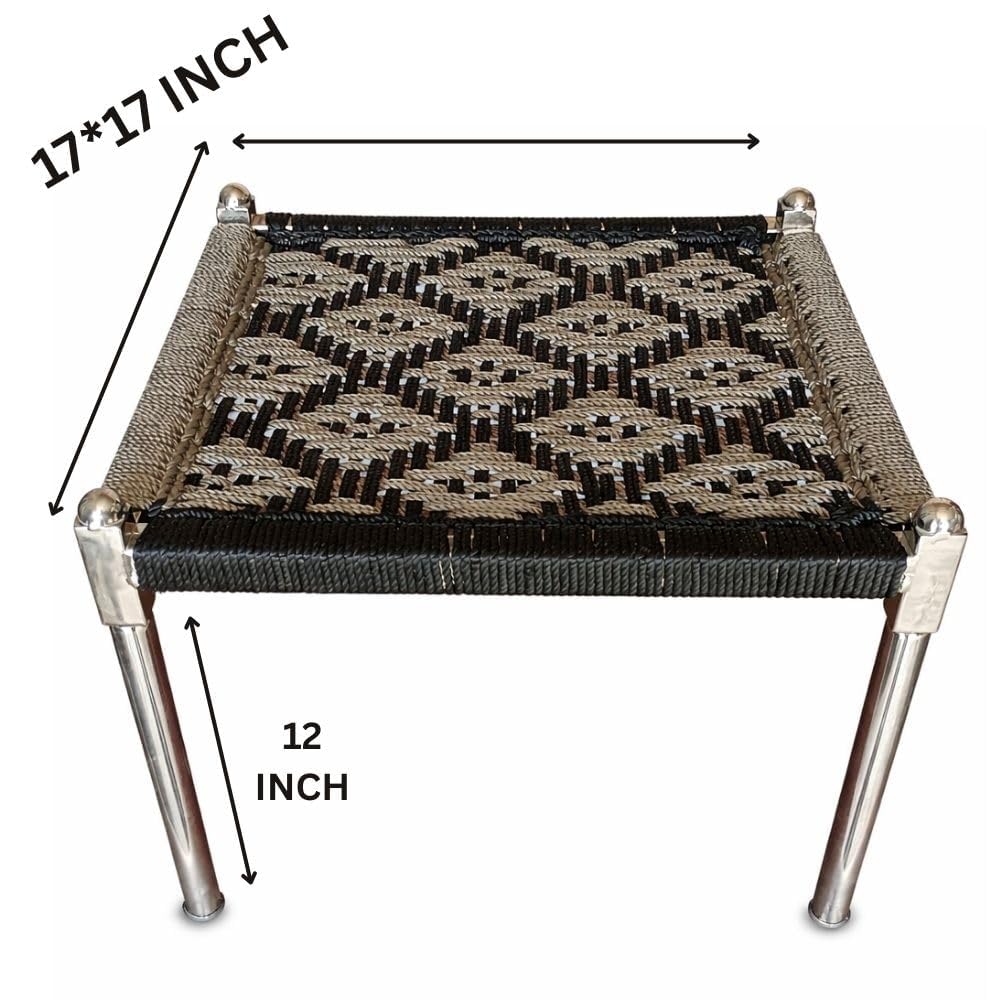 Venvintra Handwoven Rope Charpai Stool for Home and Outdoor Use with Metal Legs Traditional Low Height Seating for Living Room Balcony Patio and Multipurpose Daily Sitting Needs - Grey & Black 1