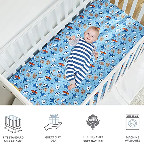 Image of Brandream Crib Bedding Set for Boys 100% Cotton 6 Piece Baby Toddler Nursery Bedding Set with Fitted Crib Sheet, Dust Ruffle - Blue Ocean Nautical Aquatic Whale Shark Coral Theme