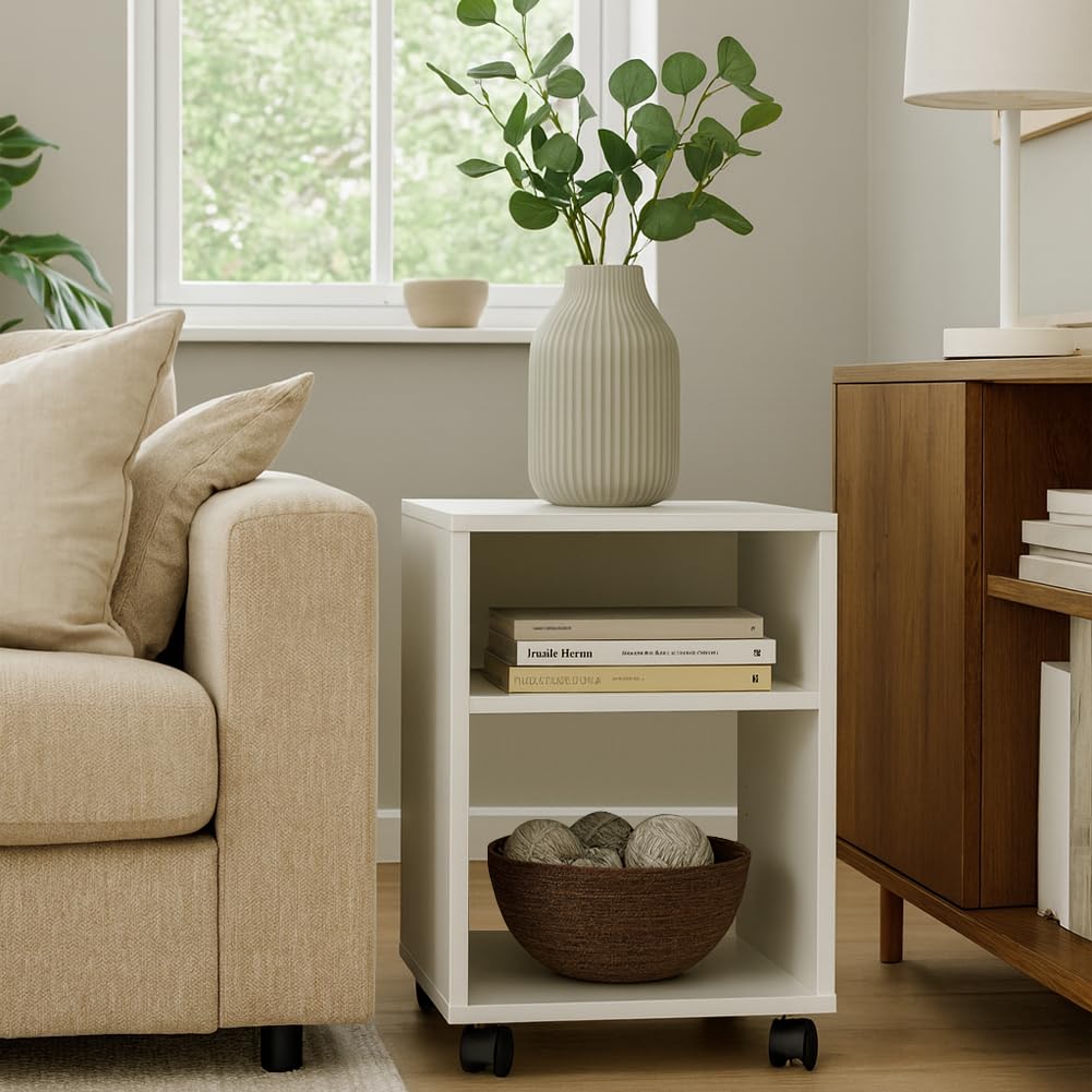 BAKAJI Mobile Ufficio Porta Stampante con Ruote Salvaspazio, Mobiletto Multiuso con 2 Scomparti e 3 Ripiani, Tavolino per Casa, Bagno, Studio in Legno Bianco 40 x 35 x 60 cm