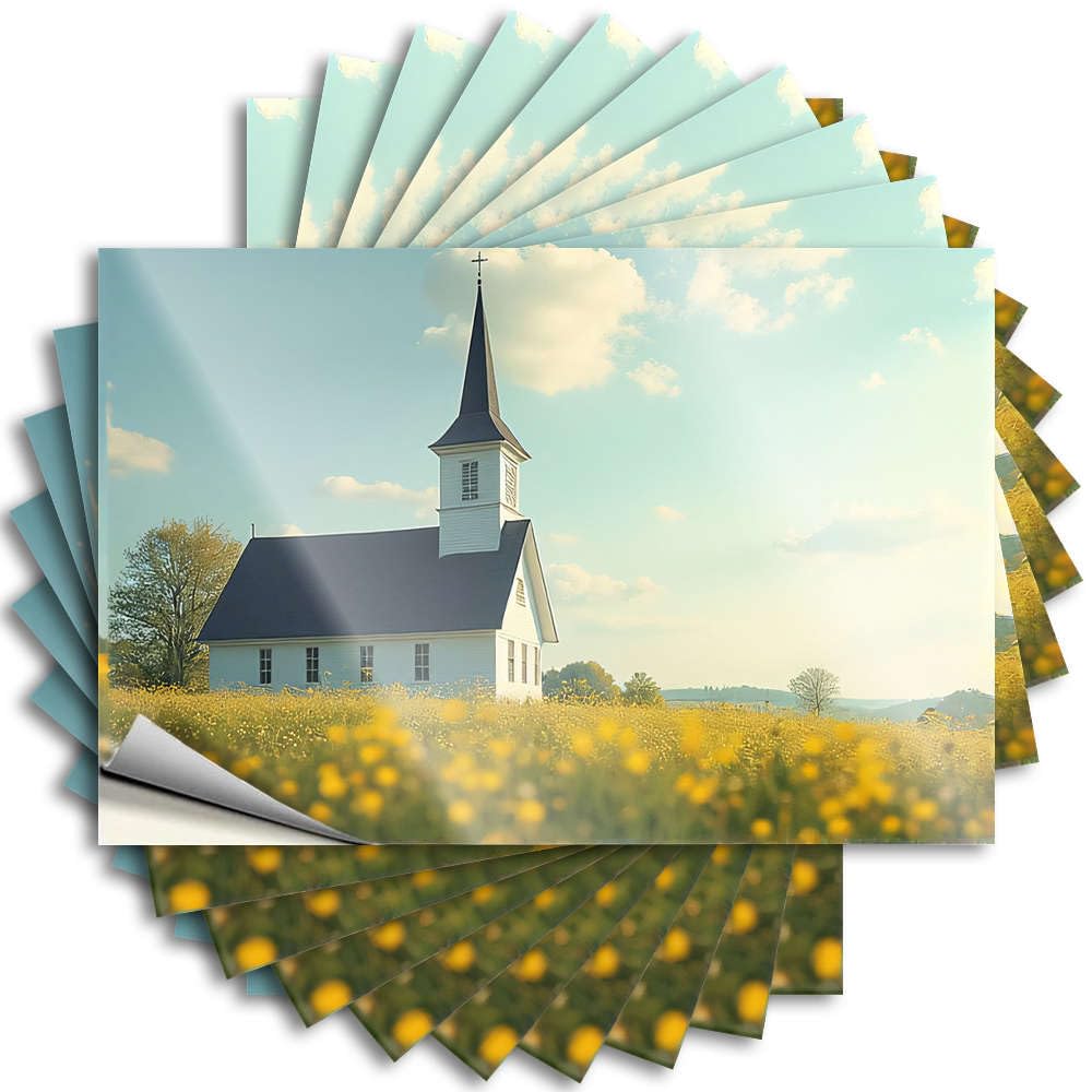 A Serene White Church with A Steeple Stands Amidst A Field of Yellow Flowers Bumper High - Large Funny Sticker Self Adhesive Sticker(8X12CM)
