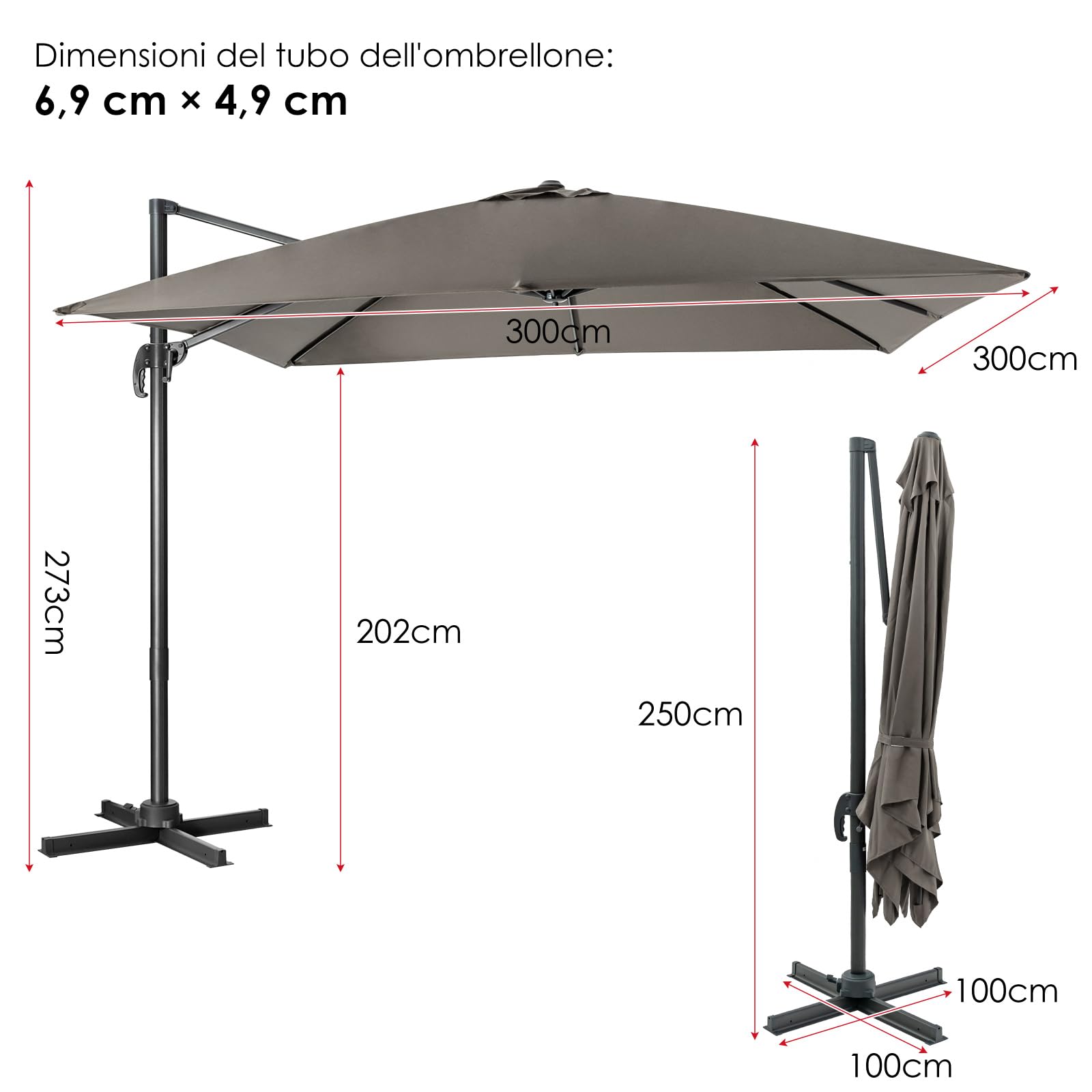 COSTWAY Ombrellone da Giardino 300x300cm 3 Inclinazioni Rotazione 360° Manovella 8 Stecche Base Incrociata Grigio