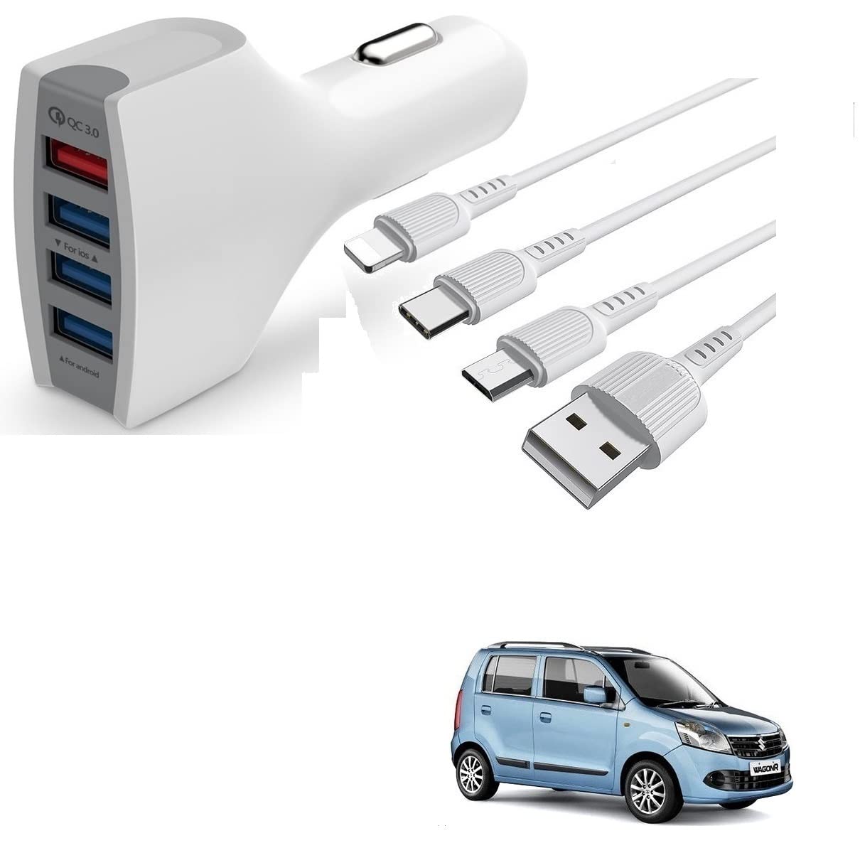 Kozdiko 4 Port USB Car Charger with 3 in 1 Cable for Maruti Suzuki WagonR Type-2(2010-Present)-image-32