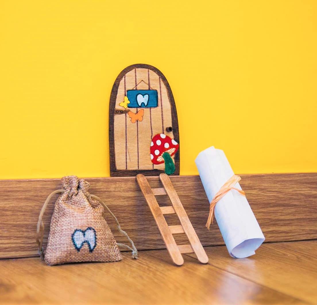 ABUBU Puerta Ratoncito Pérez mágica con Caja para Dientes de leche en Español, Carta, Escalera, Bolsita, Regalo original niño niña Ratón Pérez. Hecho a mano en España. Recuerdo Infancia