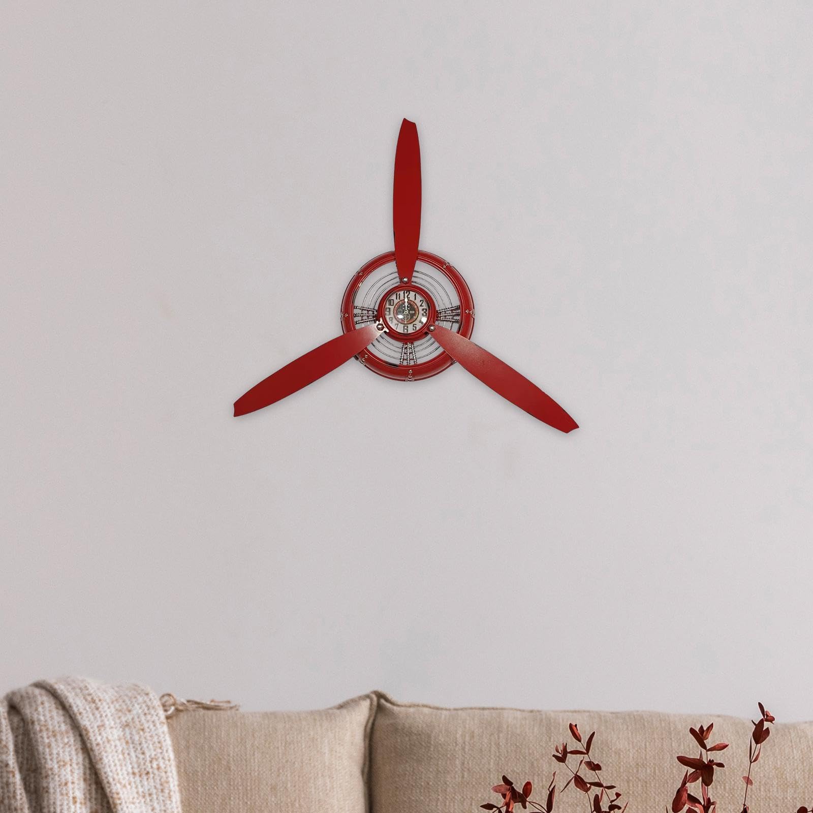 Reloj de Pared de Metal con Forma de Hélice, Escultura de Pared, Reloj Decorativo de Inspiración Aeronáutica con Estilo Industrial Y Fácil Montaje Par, Rojo, Individual