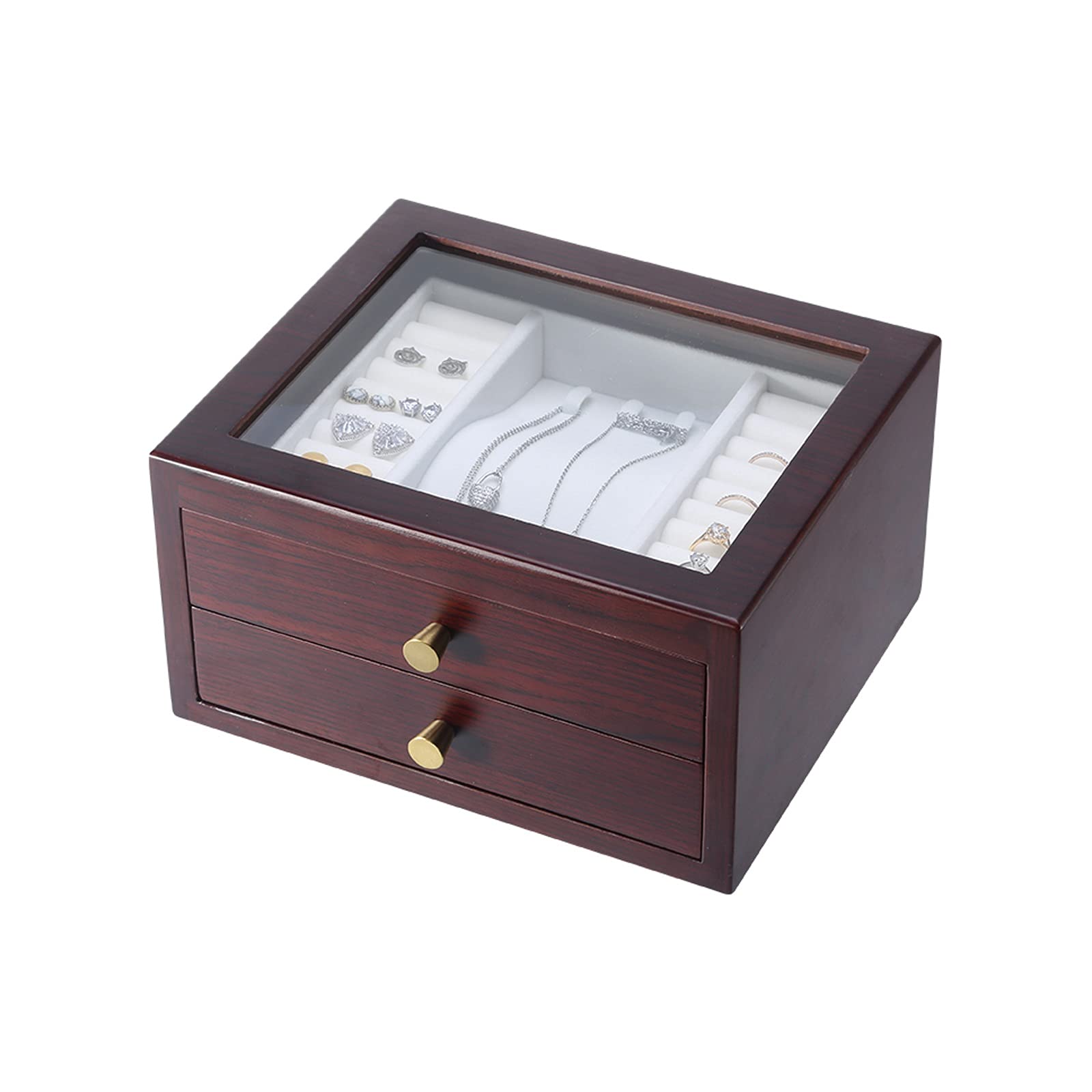 Caja de Almacenamiento de joyería de Nuez Negra Caja de joyería de Escritorio de 2 cajones con Mango de latón Caja de Almacenamiento de cajón de Escritorio con Vidrio Ventana Visible