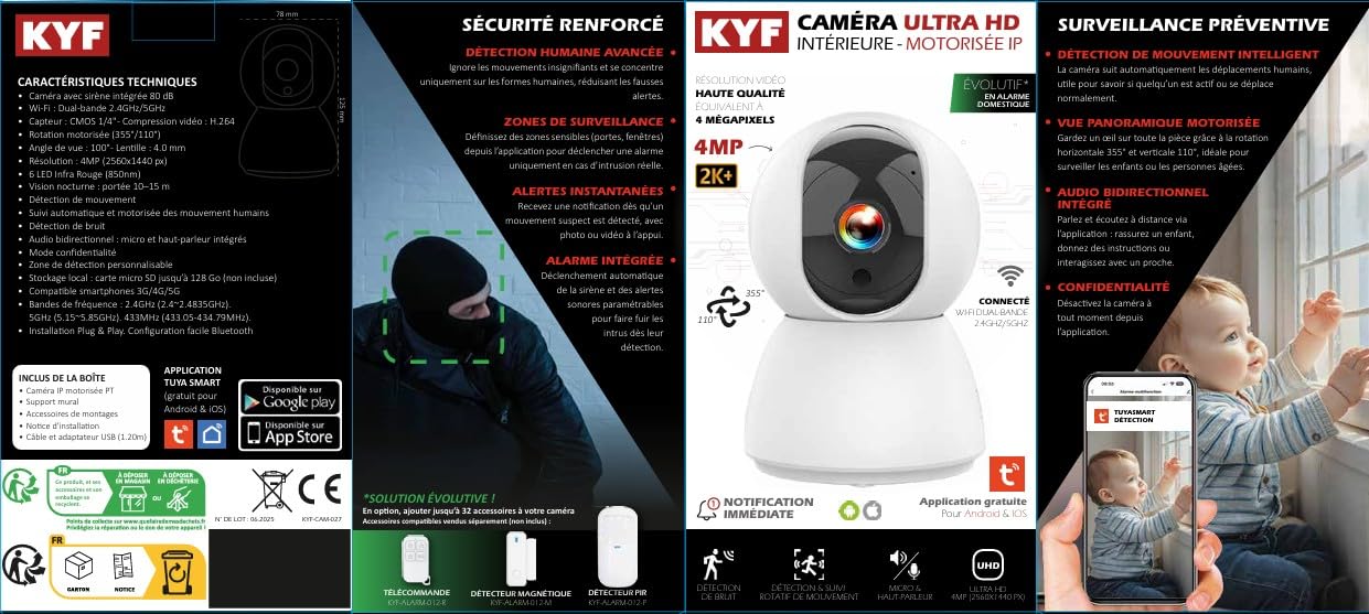 KYF Caméra IP Intérieure, 4MP Ultra HD, Sirène 90dB, Rotation Motorisée 355°/110°, Wi-FI Double Bande, Vision Nocturne, Audio Bidirectionnel, Détection de Mouvement, KYF-CAM-027