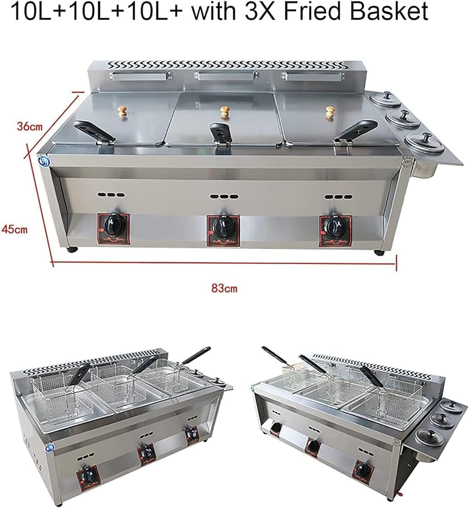 Friggitrice Professionale, friggitrice a Gas di Grande capacità 20L/30L, friggitrice a GPL in Acciaio Inossidabile per la casa e Commerciale, Potenza di Fuoco Regolabi(Color:10l+10l+10l+3xfriedbasket)