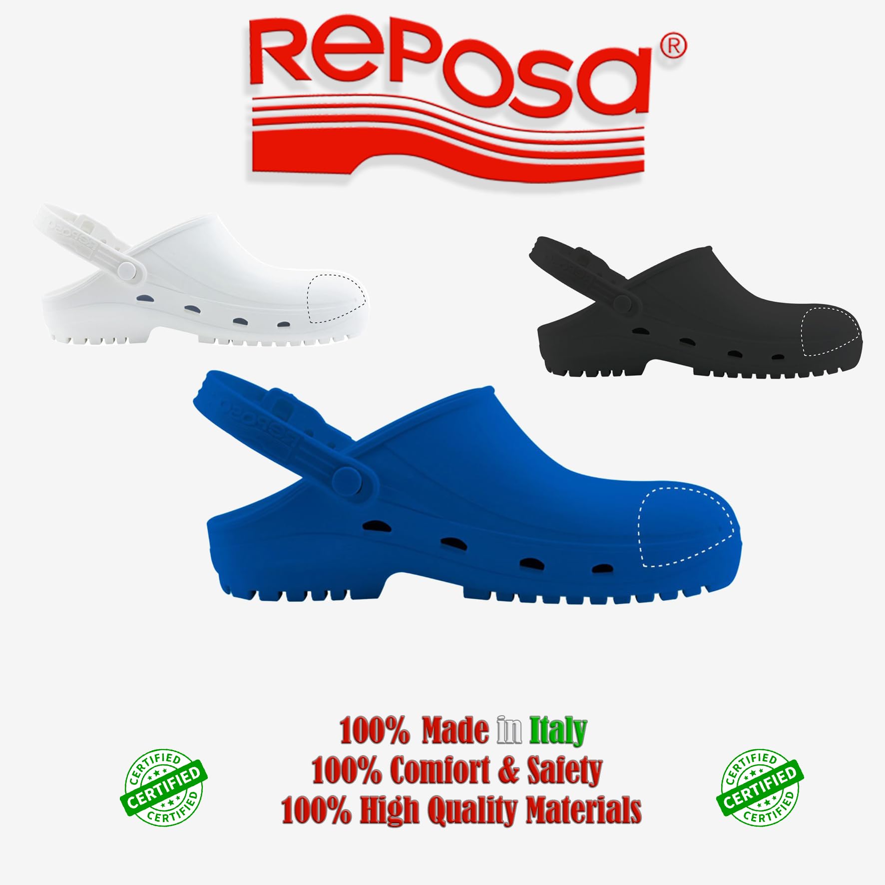 REPOSA Safe - Zuecos Sanitarios Mujer y Hombre en Goma, Zapatos Sanitarios Anatómicos con Correa Trasera Ajustable, Suela Antideslizante, Puntera de Seguridad, Zuecos Enfermera Antishock Transpirables