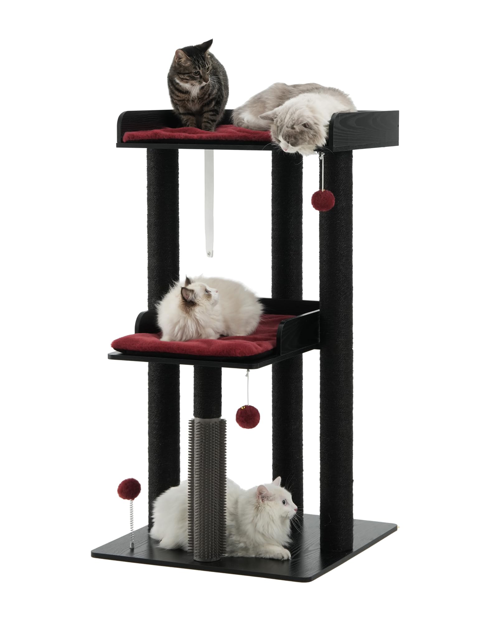FourFurPets 111cm Katzenbaum, moderner Katzenbaumturm, Katzenturm für große Erwachsene Hauskatzen, großer Katzenbaum mit Kratzsäule, Katzenhöhle für Erwachsene Katzen, Schwarz