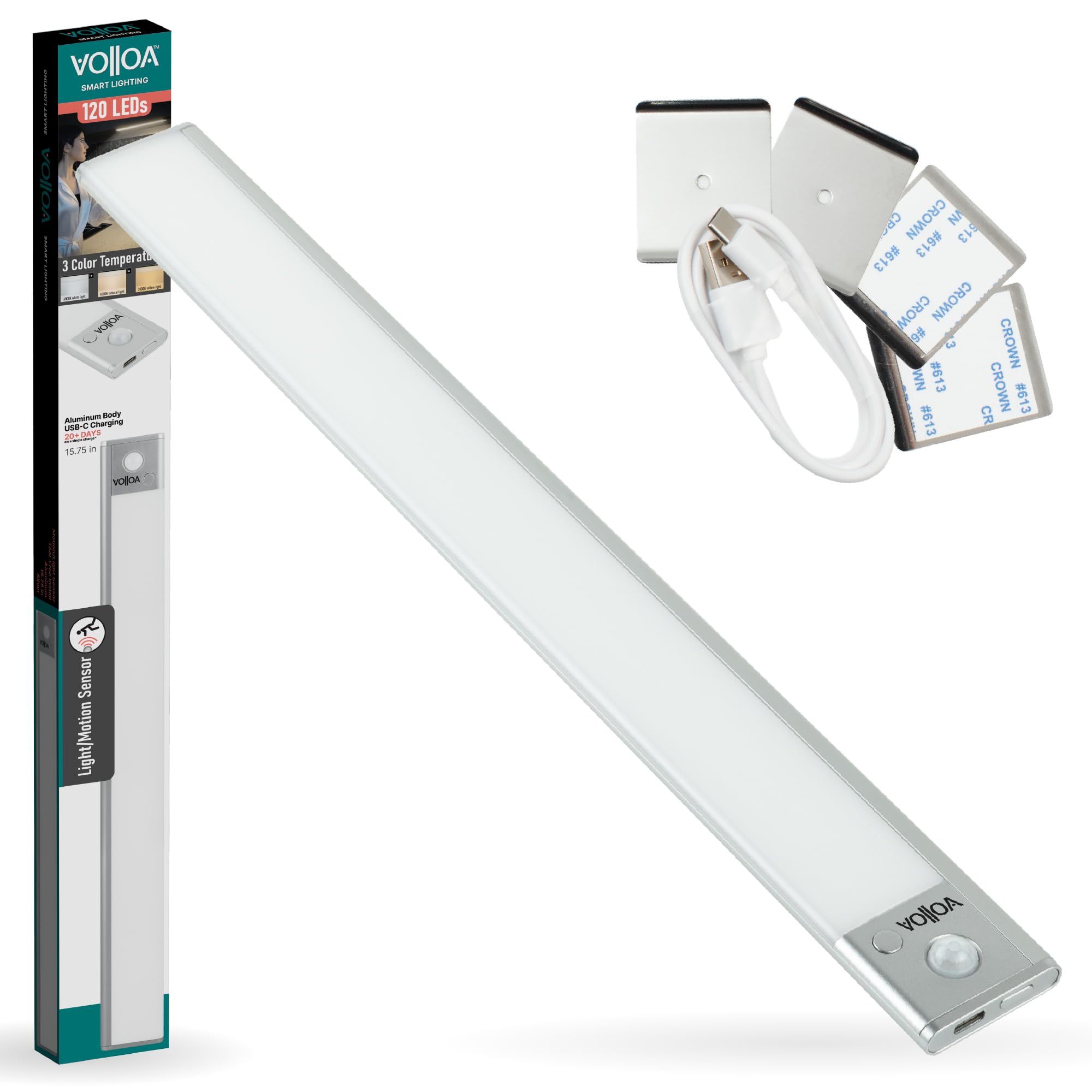 Modulo luminoso a LED compatto, versatile, ricaricabile, alloggiamento in alluminio, sensore di movimento e luce, luminosità regolabile, 3 temperature di colore (medie - 40 cm, argento)
