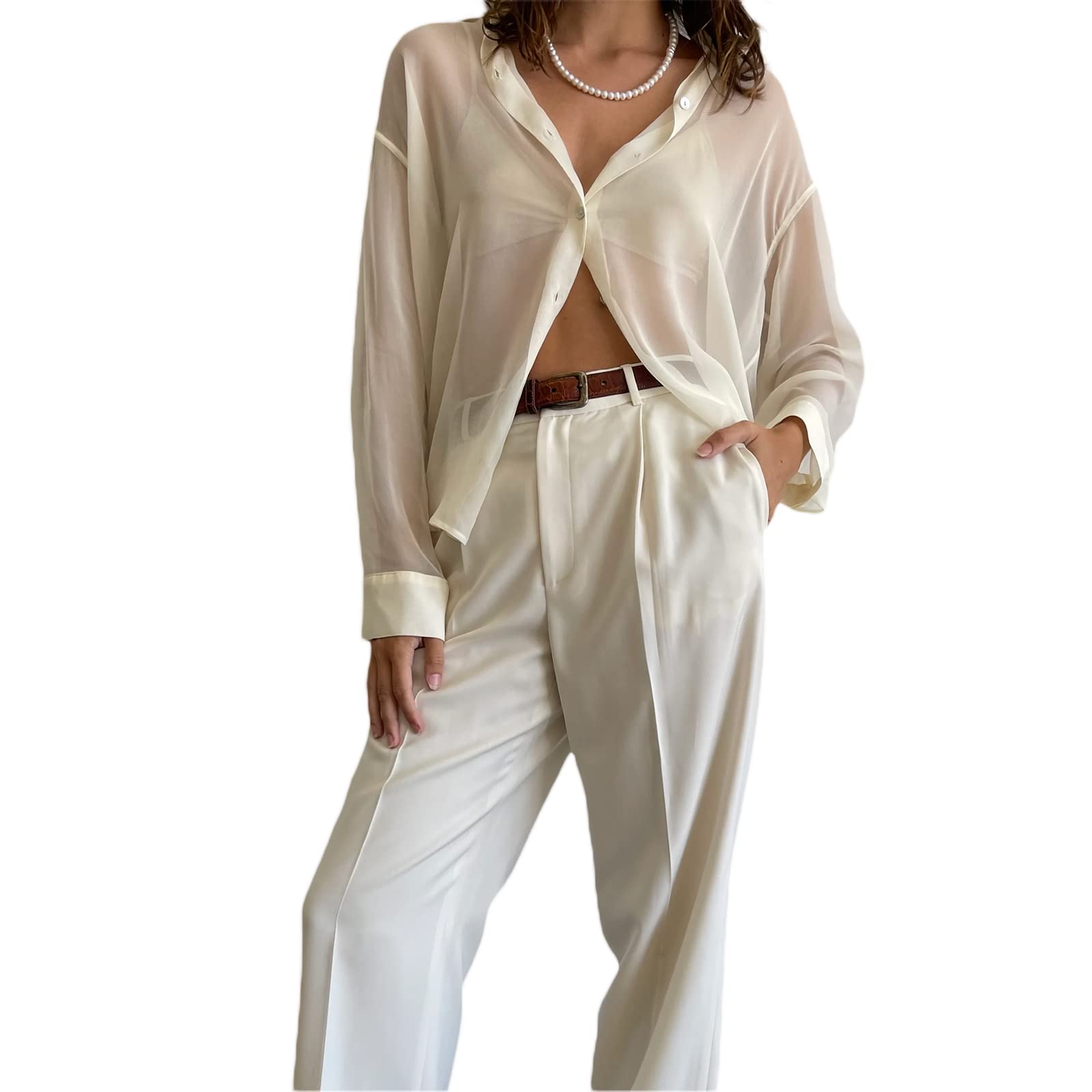 Loalirando Blusa Elegante de Mujer Camisa Transparente Informal con Manga Larga Crop Top Sexy Suelto de Tul Patchwork con Solapa Camisa Casual de Mujerr para Primavera Verano