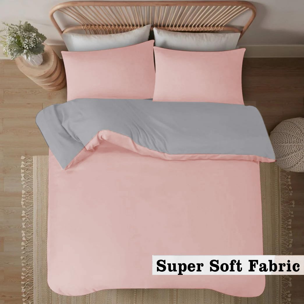 Ev Dekor Double Duvet Cover Sets - Reversible Brushed Microfiber Bedding- Plain Dye Quilt Cover with Pillowcase - Pink/Grey - Image 2