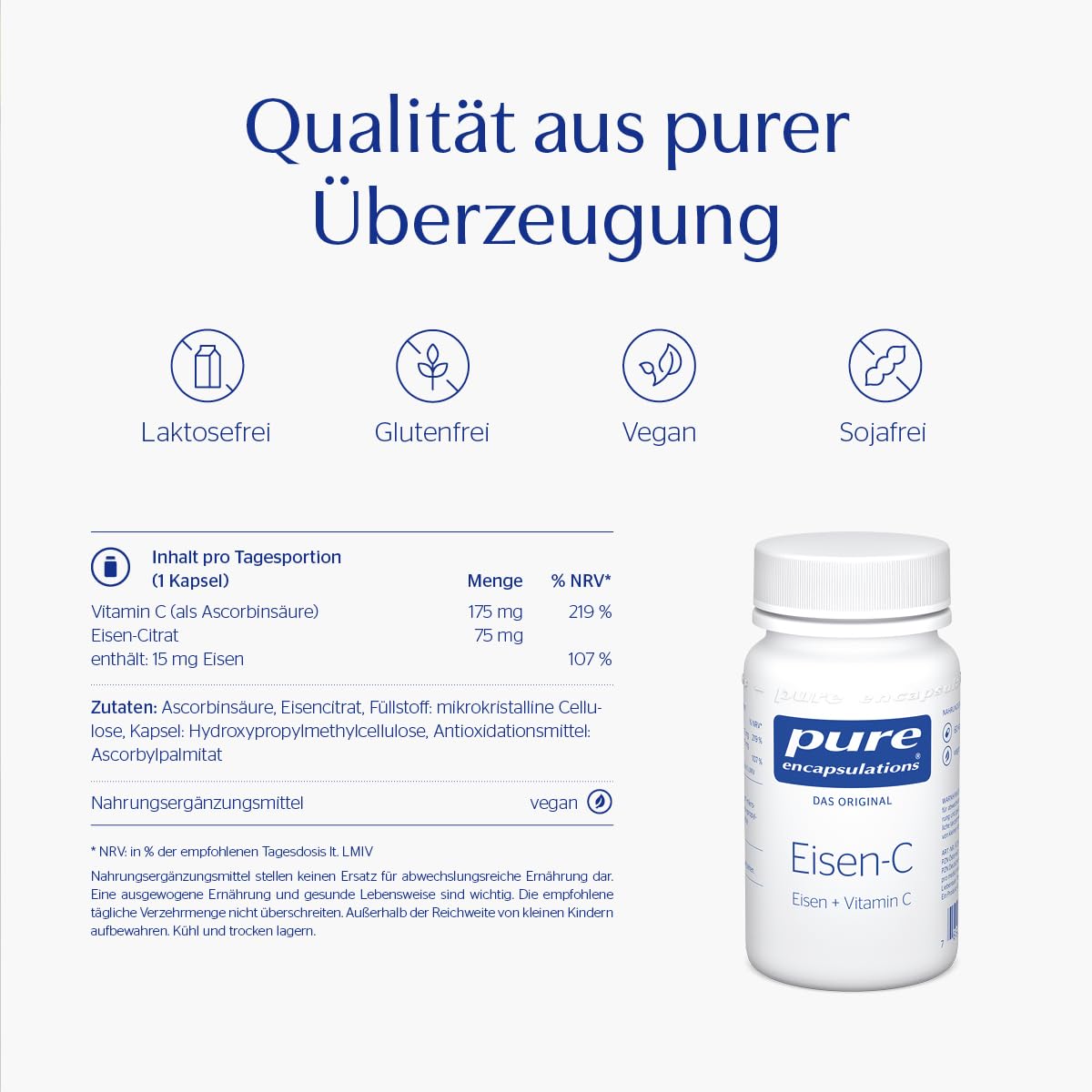 Pure Encapsulations - Eisen C - Immunsystem stärken mit Vitamin C - Für die Blutbildung, Gegen Müdigkeit - Eisencitrat - 60 Kapseln