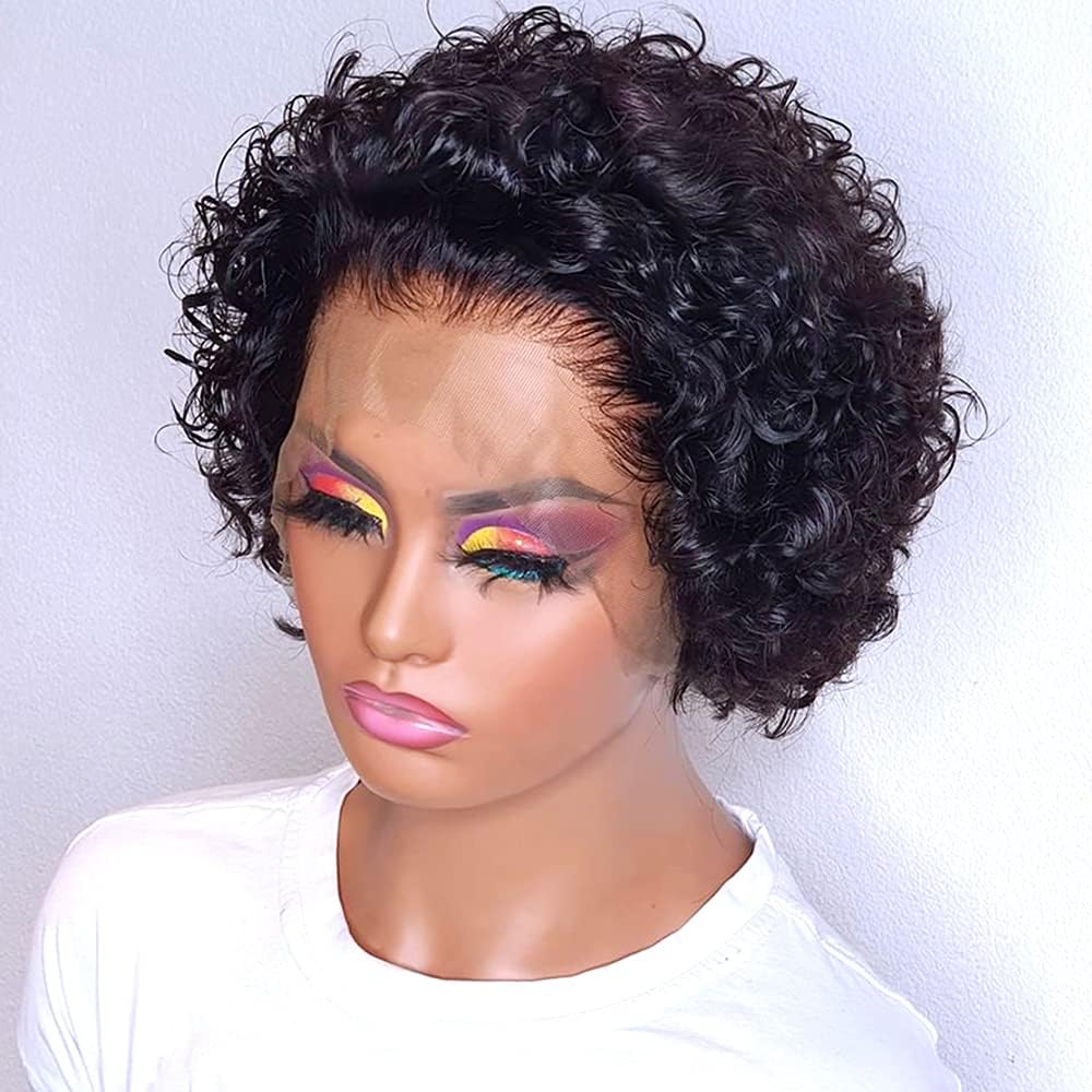 13 x 1 parrucca anteriore in pizzo corto umano capelli parrucca donna brasiliana naturale ricci capelli umani parrucca 150% densità (nera)