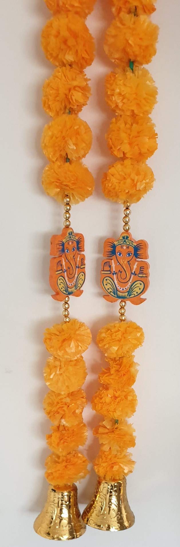 Estationeryhouse Light Orange Artificial Marigold Garland Strings With Ganesha In Middle And Bell At Bottom 2Pcs Colour Wedding Pooja Diwali Party Festival