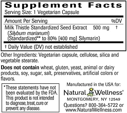 Natural Wellness Milk Thistle 500 MG standardized to 400 mg Pure Silymarin