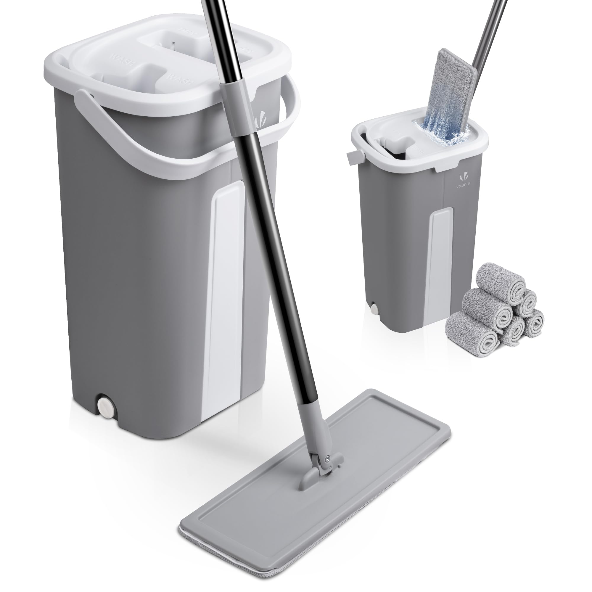 VOUNOT Wischmopp Set mit Eimer, Bodenwischer zum Auswringfunktion, Flacher Mikrofaser & Putzset mit Edelstahlgriff, 6 Wiederverwendbare Wischmop Ersatzbezüge, alle Arten von Böden Grau