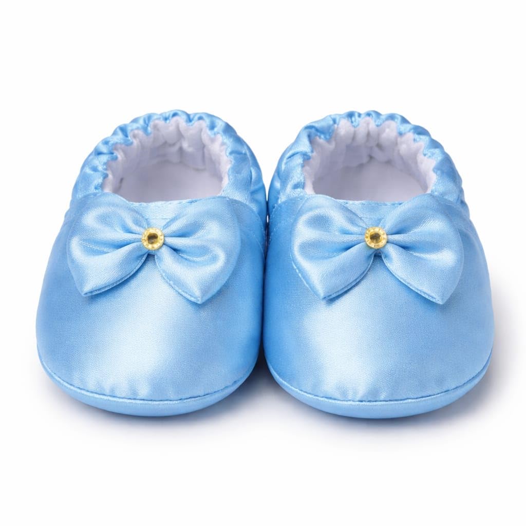 Baby Girl Satin Slip-On Booties, Sky Blue, Bow with Decorative Button, Soft Inner Lining, Newborn Infant-picture-26