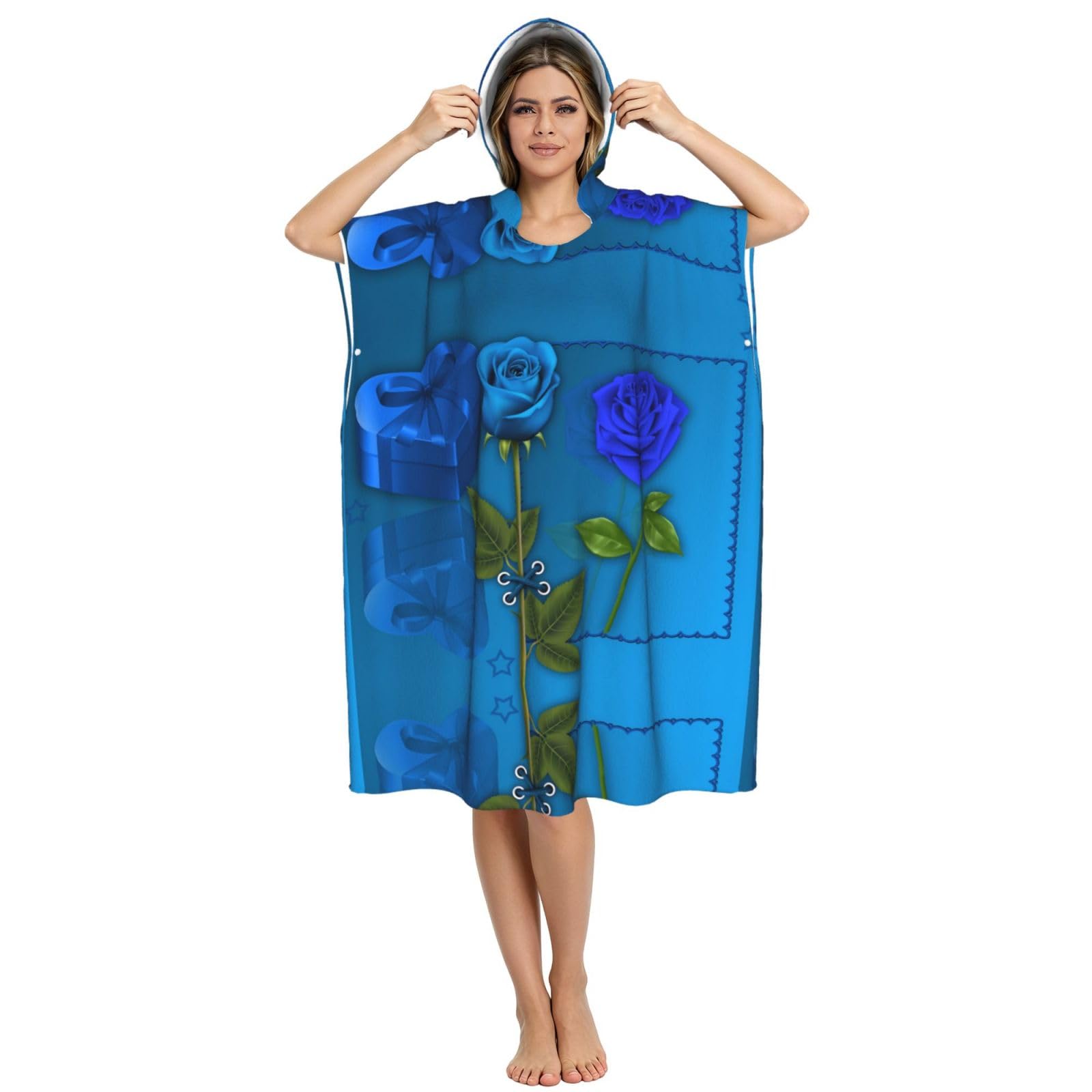 Strandtuch mit Kapuze und Rosenmotiv, Poncho für Erwachsene, Mikrofaser, Umkleidemantel, Bademantel, Sommer, Strandtuch
