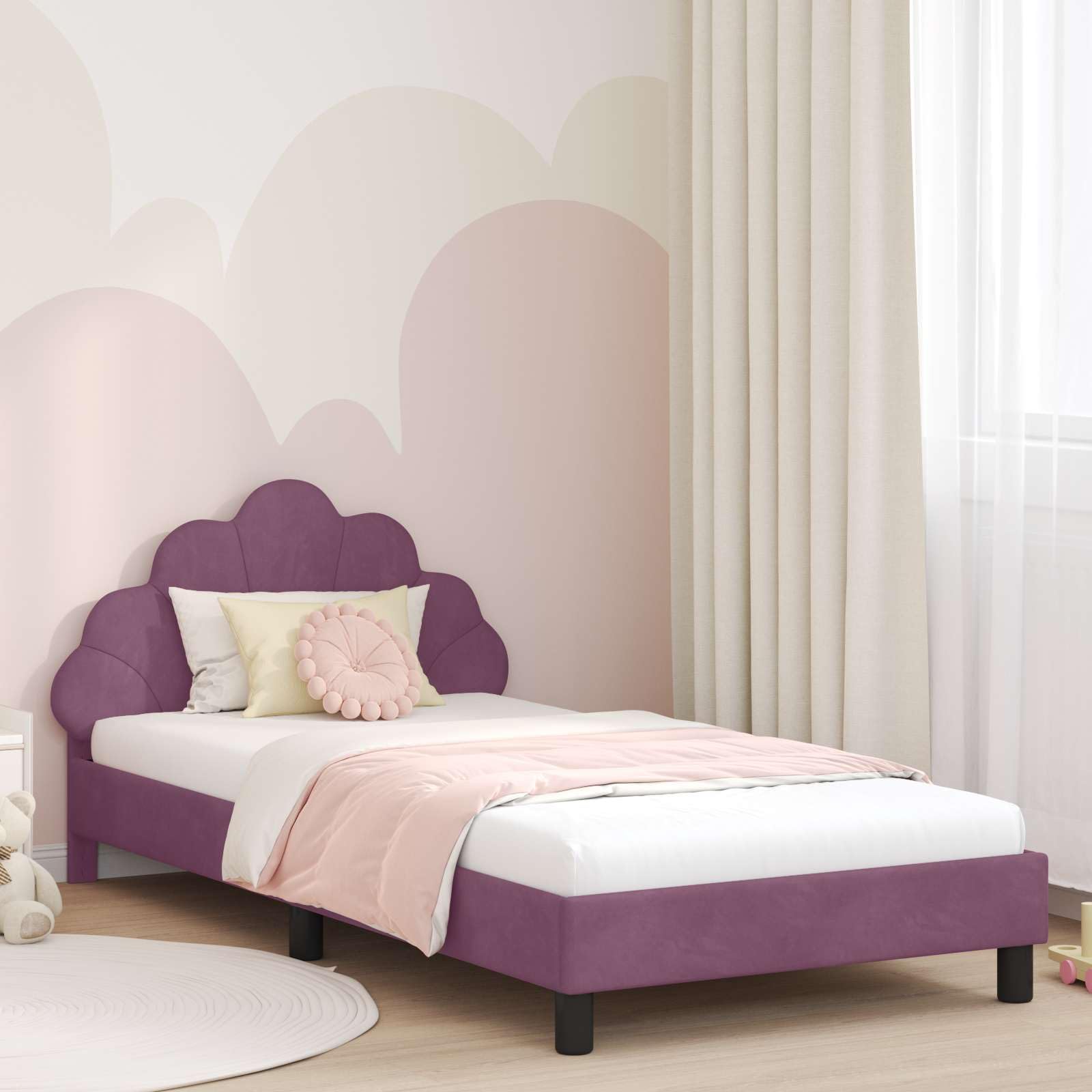 Moderno marco de cama con cabecero en color morado, 90 x 190 cm, tapizado de terciopelo, somier de láminas estable y prácticos compartimentos para libros, 4 piezas