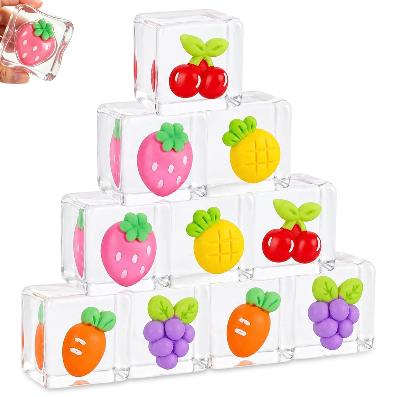 10Pcs Fruit Squishy, Ice Cube Squishy Set, Squishy Cubes for Desk, Strawberry, Grape, Cherry, Carrot and Pineapple Designs, Soft Squeeze Items