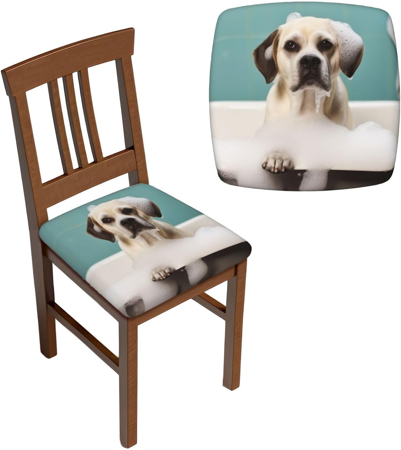 6PCS Stretch Seat Covers Set, Bath and Dog Chair Covers for Dining Room, Square Chair Seat Slipcovers with Ties, Removable Washable Dining Chair Protector Seat Cover for Kitchen Office