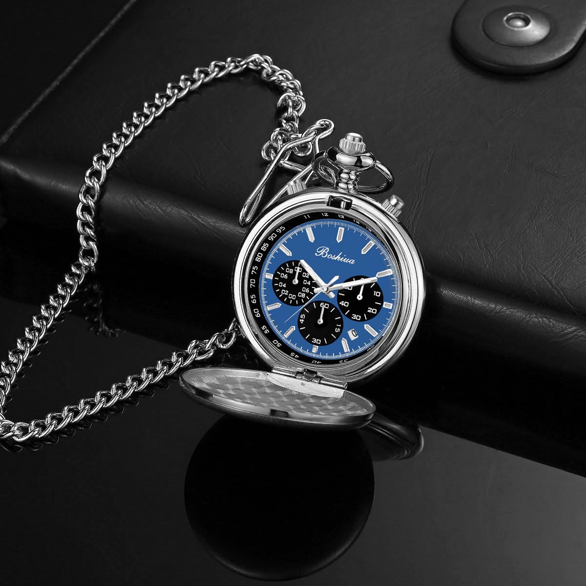 BOSHIYA Orologio da tasca al quarzo liscio da uomo, multifunzionale, cronografo, classico, vintage, per uomo e donna, con catena, regalo di Natale, laurea, compleanno, festa del papà
