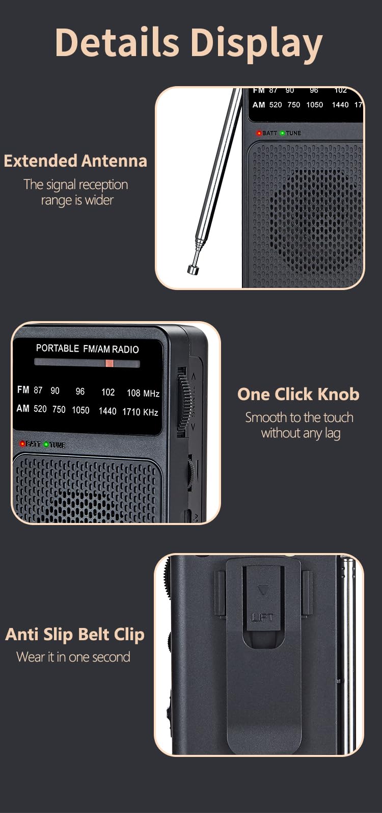 Radio portátil AM FM, radio a pilas con luz de sintonización, clip trasero, excelente recepción, radios AM FM portátiles, radios transistores (negro)