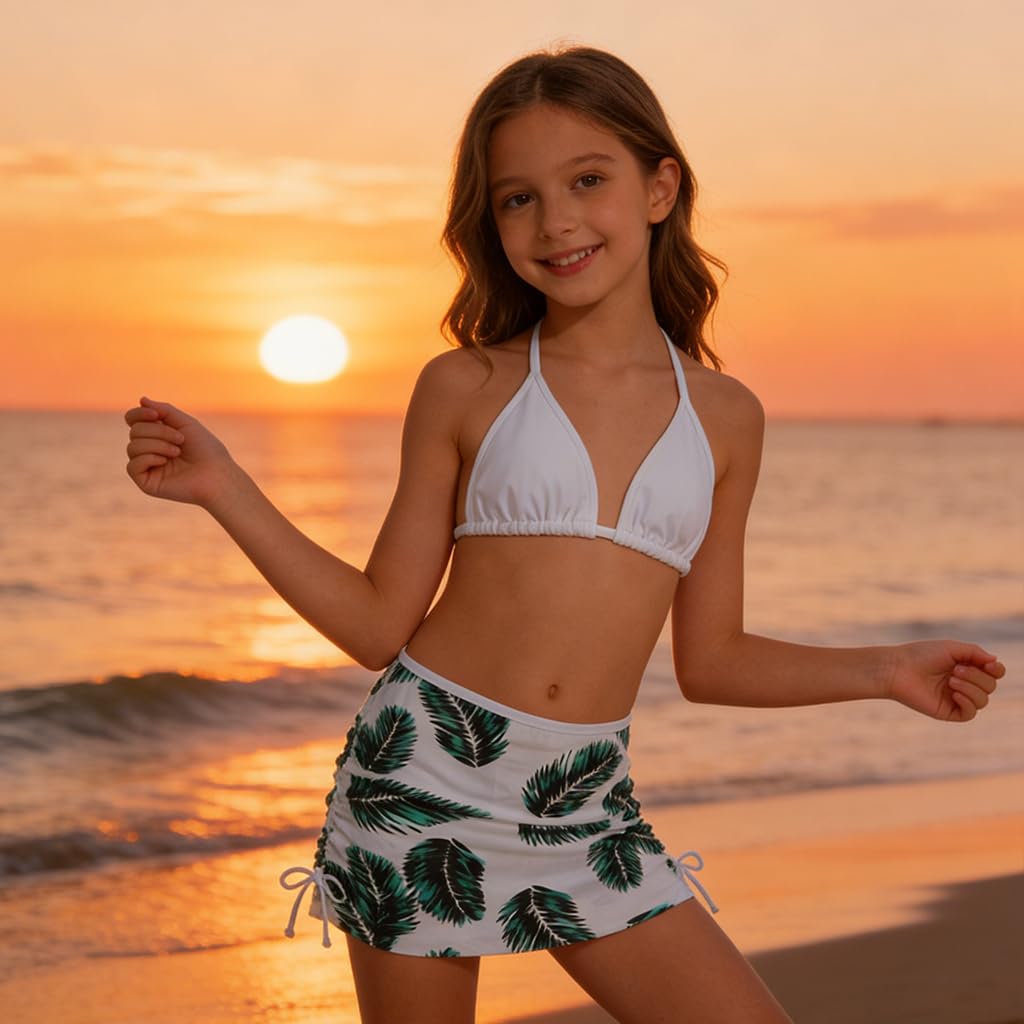 Girls 3PCs Swimsuit Costume Bathing Suits Bikini Set with Floral Cover Up for Girls 8-13Years