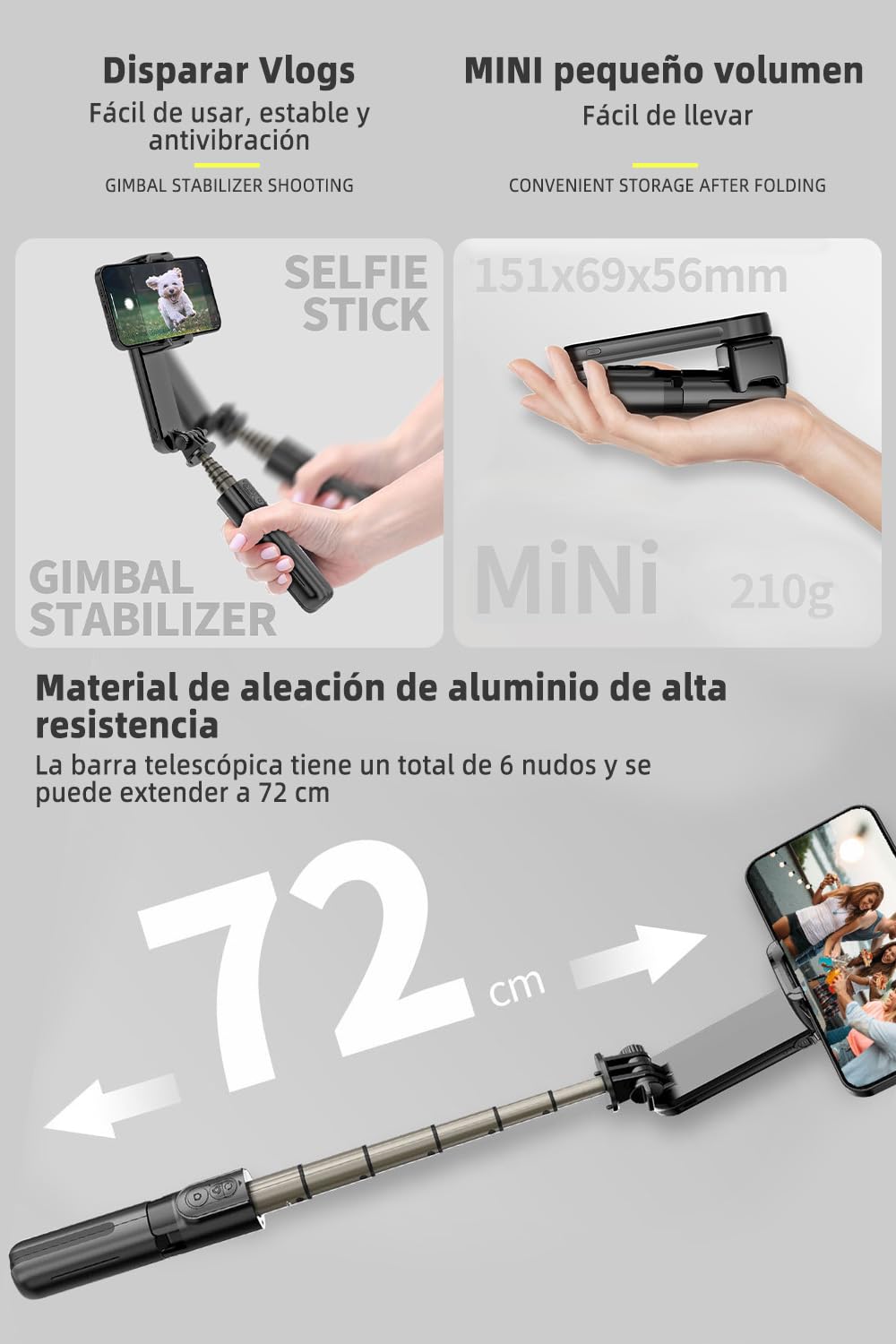 Estabilizador de Movil, Estabilizador de Cardán con Luz de Relleno para Video de Vlog/Youtube/TikTok con Inalámbrico rotación automática de 360°,para Android y iOS