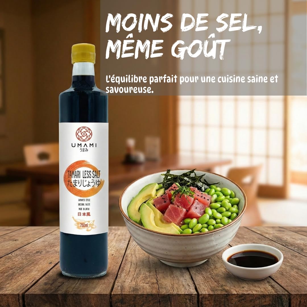 Umami Sauce Soja Moins de Sel 750ml - Allégée en Sodium - Fermentation Artisanale en Fûts Kioke - Fabriquée au Japon - Idéale pour Sushi, Cuisine Asiatique et Régimes Pauvres en Sel