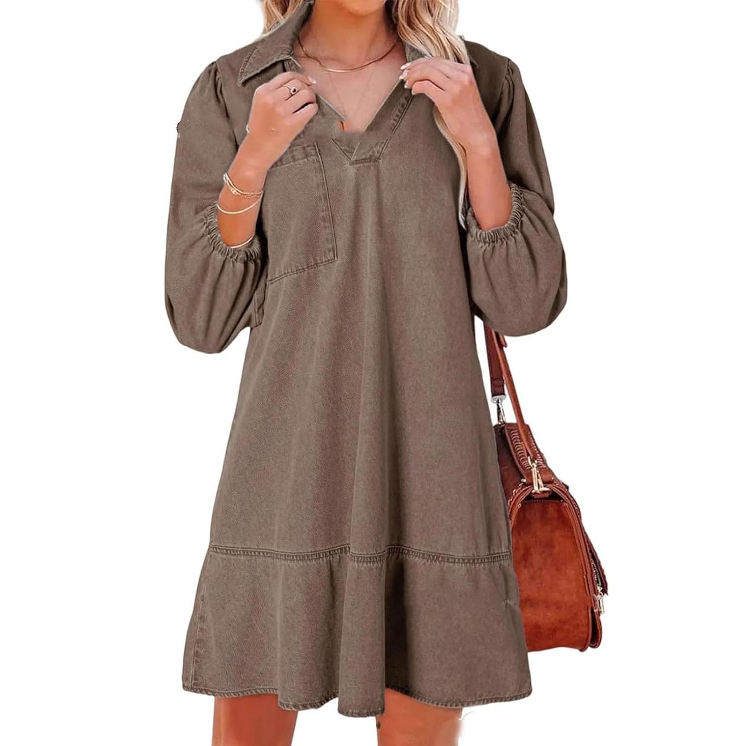 Vestido Vaquero con Capas, Cuello en V y Mangas abullonadas para Mujer, Vestidos Vaqueros con Volantes y Mangas 3/4, Vestido Vaquero Camisero Holgado de Verano con Bolsillos. (Brown,L)