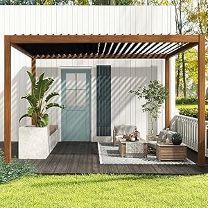 Mirador 111s takasho louvered pergola 10×13 wood grain outdoor aluminum pergola with adjustable rainproof roof full aluminum frame ideal for outdoor deck garden patio durable cherry oak  urban country home decor