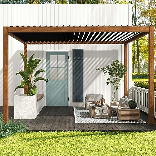 MIRADOR 111S Takasho Louvered Pergola 10×13 Wood Grain Outdoor Aluminum Pergola with Adjustable Rainproof Roof Full Aluminum Frame Ideal for Outdoor Deck Garden Patio Durable Cherry Oak