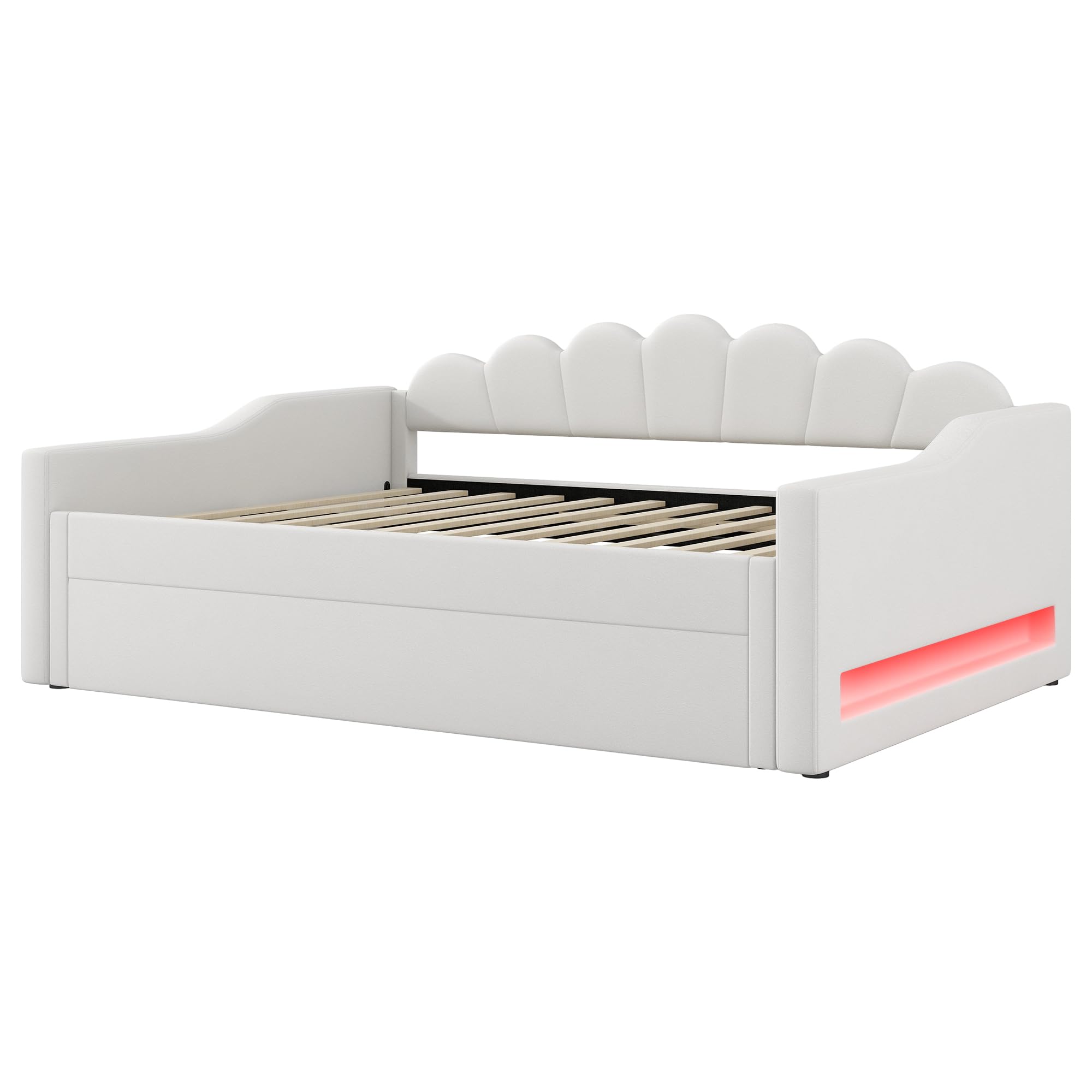 Moimhear Divano letto imbottito, 140 x 200 cm, con cintura LED e letto estraibile (90 x 190 cm), con rete a doghe, senza materasso (beige)