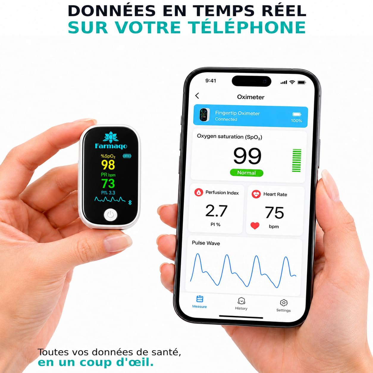 FARMAQO Oxymètre de doigt Saturomètre professionnel médical SPO2 BPM fréquence cardiaque Ecran OLED Bluetooth