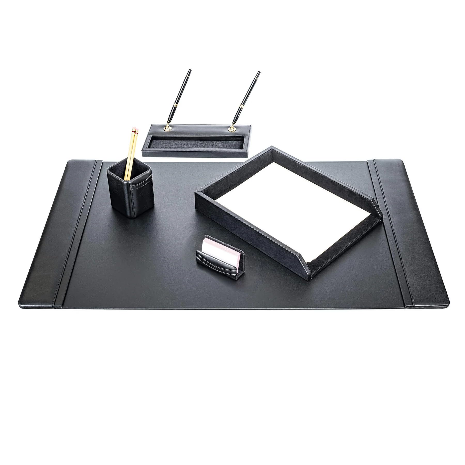 DACASSO Ensemble de bureau 5 pièces en cuir noir – Sous-main en cuir de luxe et éléments essentiels d'organisation de bureau – Organisation de bureau et décoration de bureau exécutif (noir, 5 pièces)